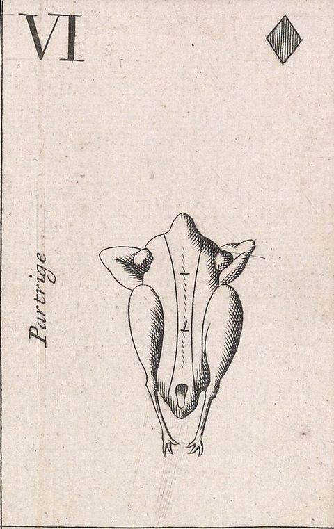 Playing card. A six of diamonds is illustrated with dressed poultry labelled “Partridge”.