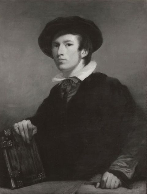 Painting. Black and white reproduction of a pale-skinned man shown from the waist up from behind a ledge. He looks at us, one hand resting on a book and the other holding a glove.
