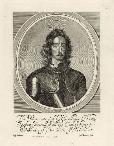 Print. A man wearing armour is shown from the chest up in an oval frame. He has long curly hair, an oval face, and a pointed goatee. Text is inscribed below.