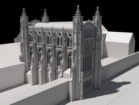 Digital visualization. Grey rendering of the exterior of a chapel with the buildings around it blocked in. The reconstruction shows that the top level of the outer skin of the structure is open window spaces, with the actual stained glass tucked inside.