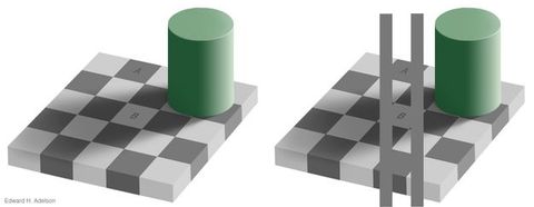 Digital illustrations. Two checkerboards are created in shades of grey. A green column at one corner casts a shadow. In the left illustration, a square outside the shadow is labelled A, and appears dark. Another within the shadow is labelled B, and appears light. Parallel grey lines on the illustration to our right show that A and B are the same shade.
